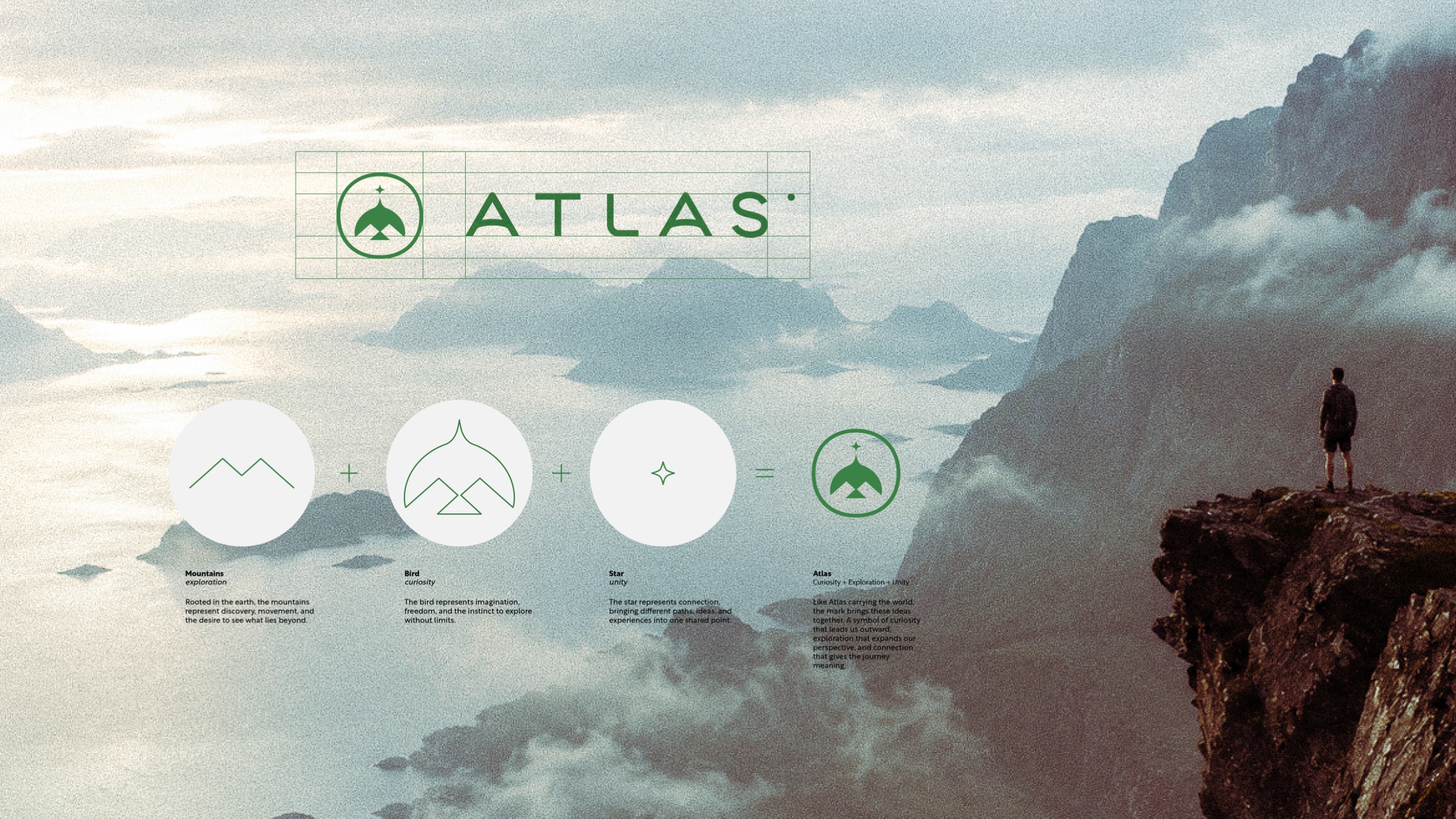 Atlas Codex logo development and symbol system over a mountainous landscape
