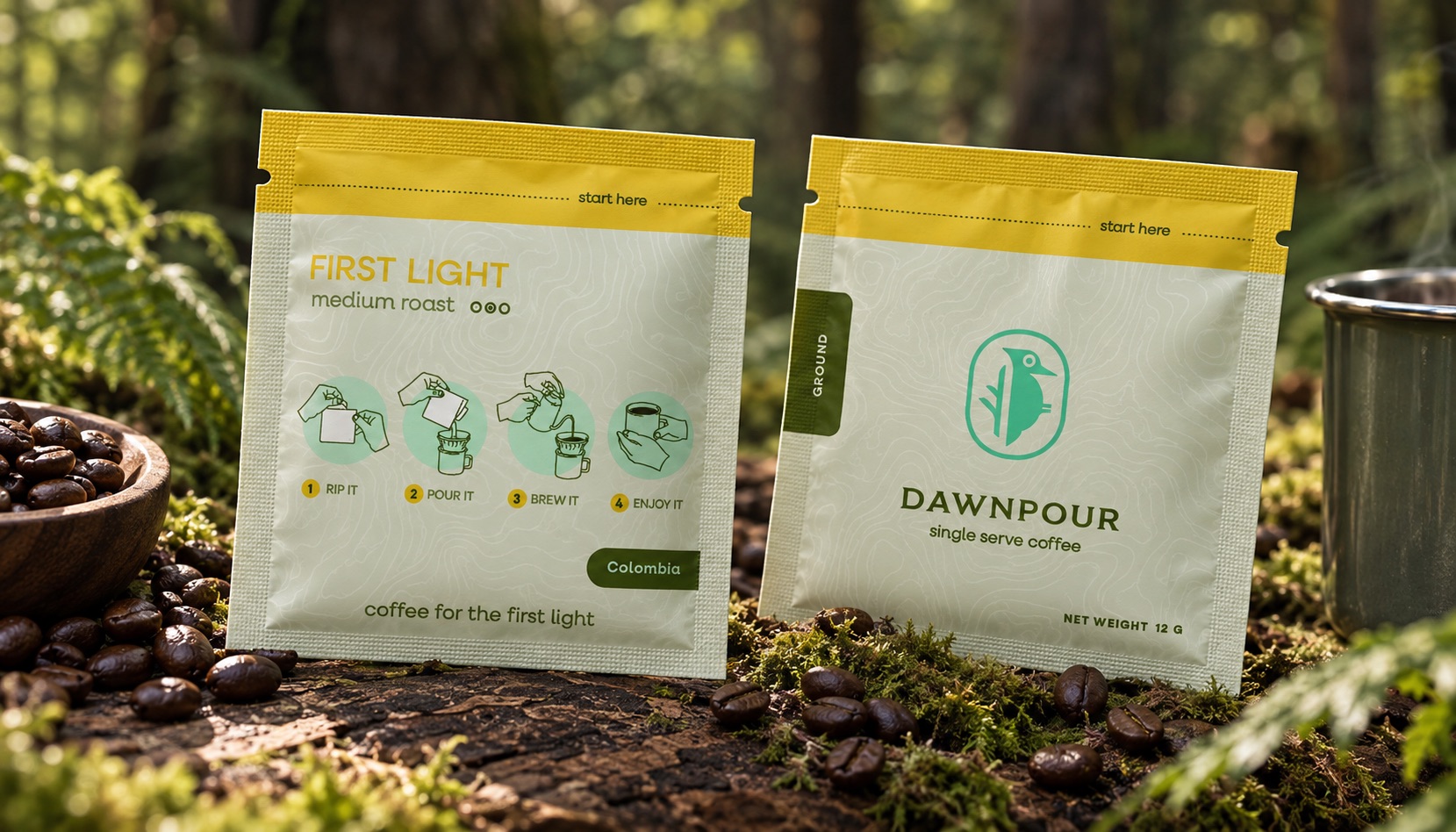 Dawnpour Coffee single-serve packaging displayed in a woodland setting