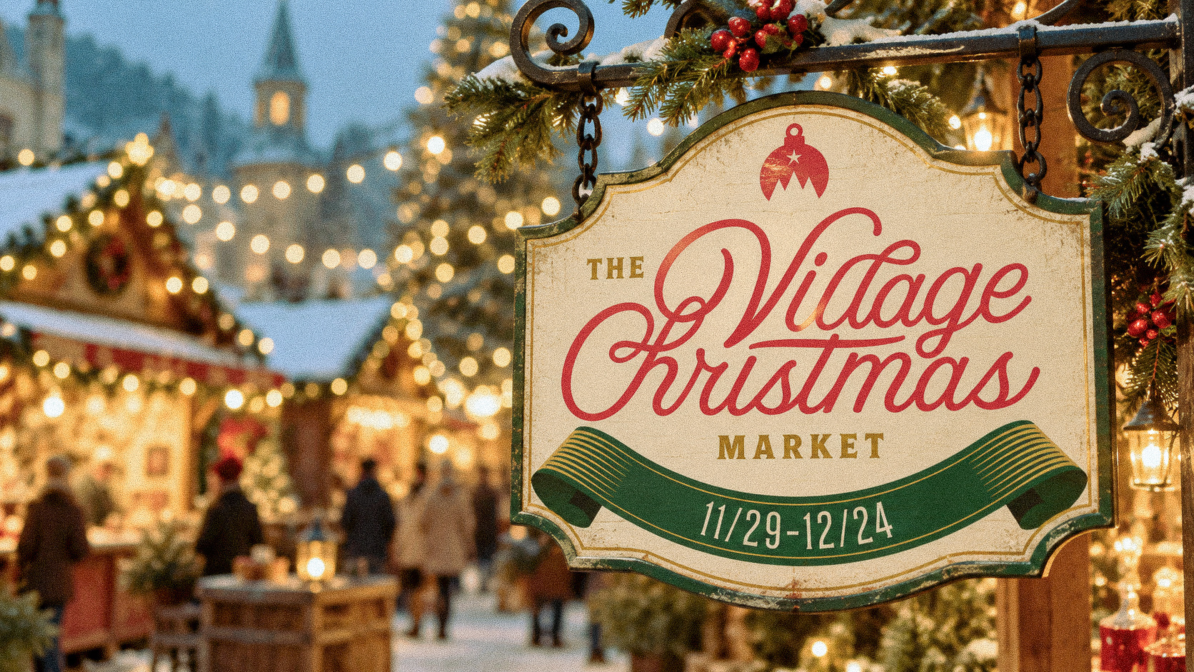 Village Christmas Market wayfinding sign in a festive outdoor market